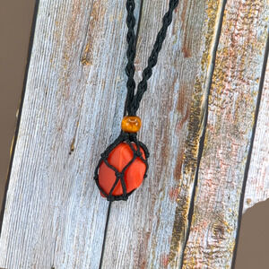 Amberina Art Glass Handmade Tumbled Pendant Necklace Black Braided Cord J2430